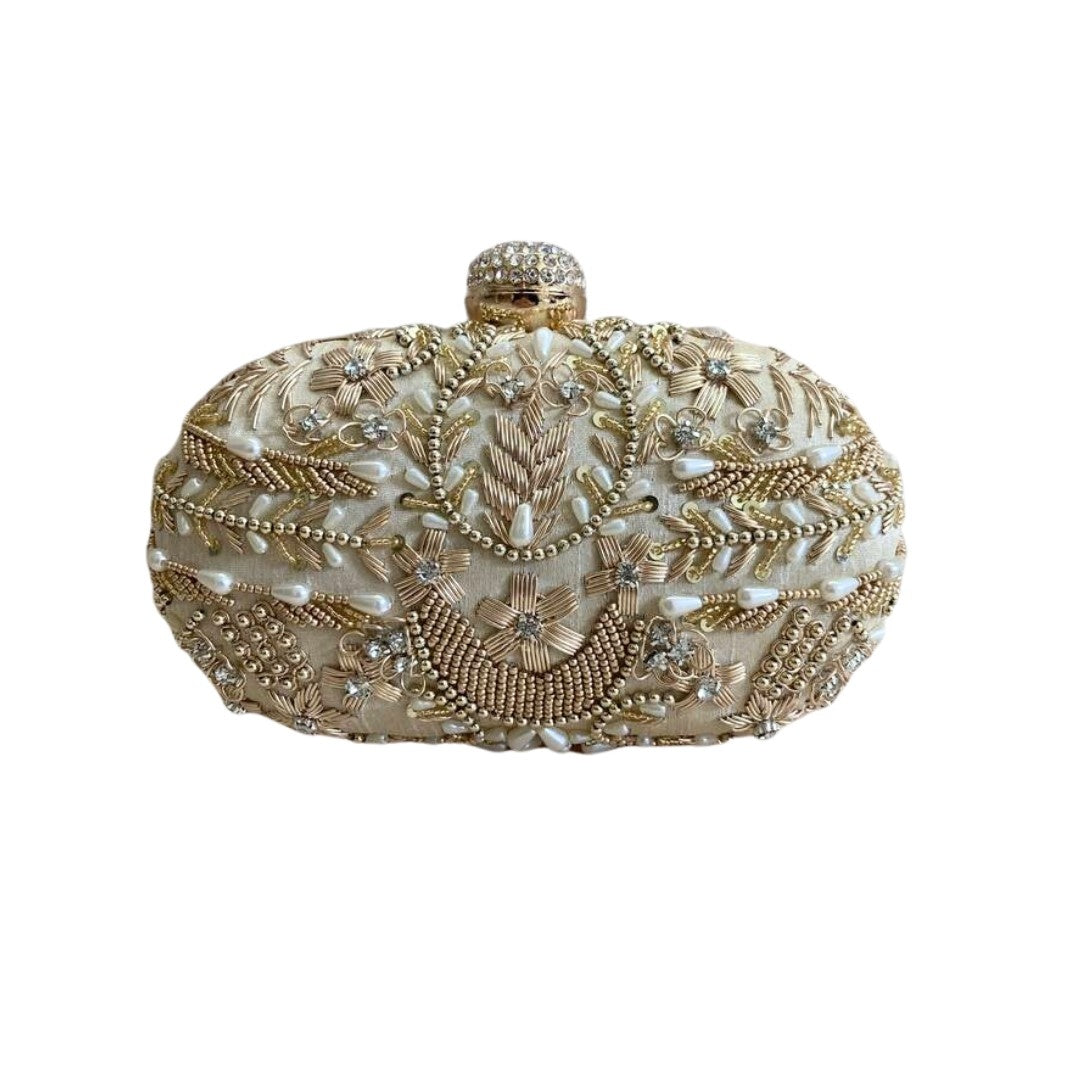 Golden Designer Embroidery Bridal Clutch Bag