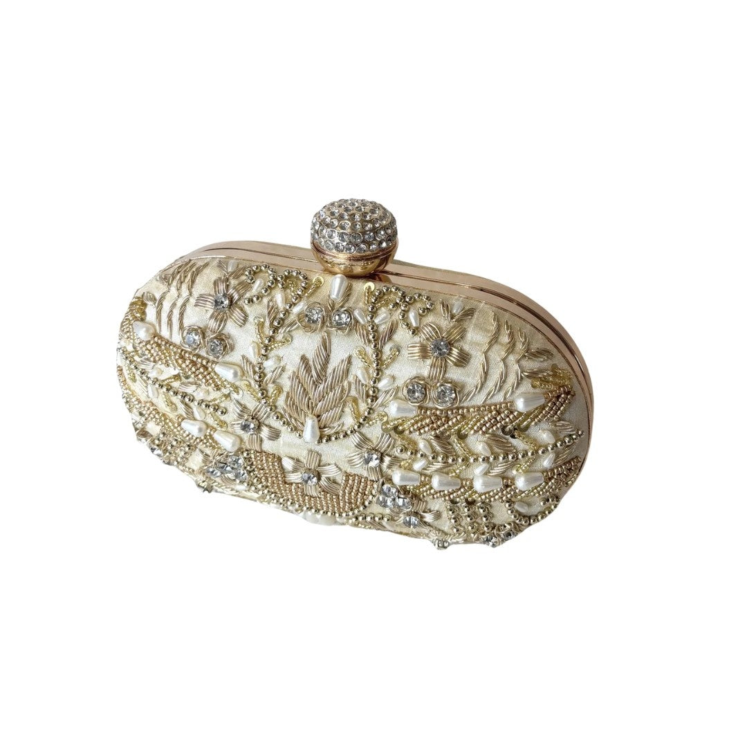 Golden Designer Embroidery Bridal Clutch Bag