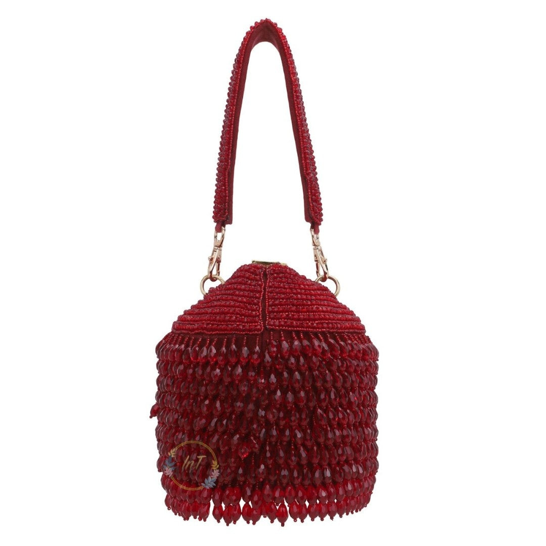 Designer Hand-Embroidered Maroon Pearl Bead Bucket Bag