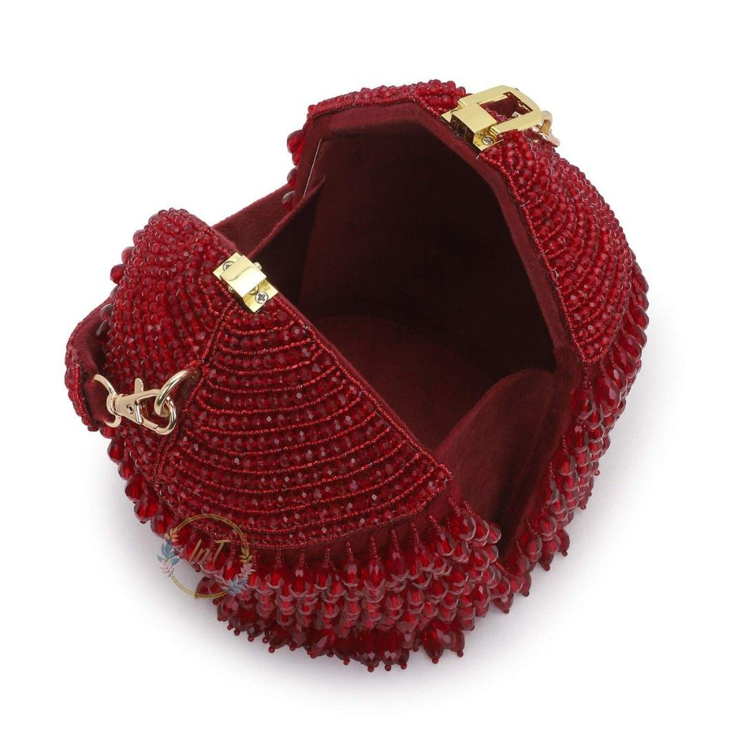 Designer Hand-Embroidered Maroon Pearl Bead Bucket Bag