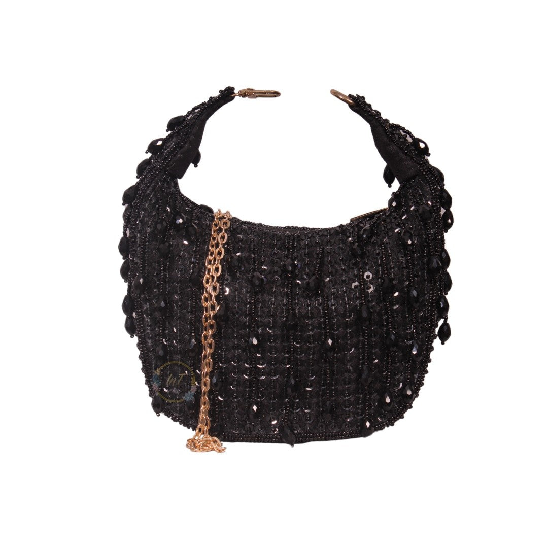 Designer Luxury Black Drop Bead Embroidery Handbag