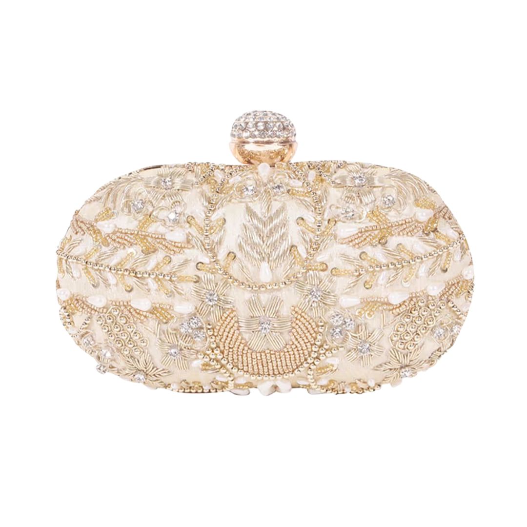 Golden Designer Embroidery Bridal Clutch Bag