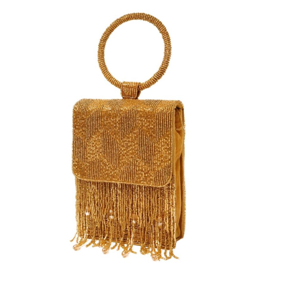 Golden Vertical Embroidery Flap HandBag with Ring Handle
