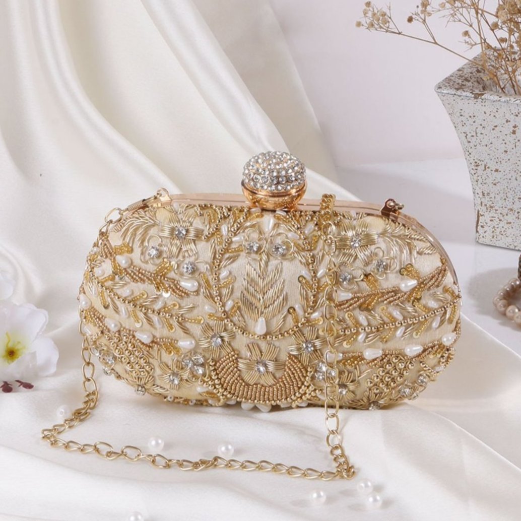 Golden Designer Embroidery Bridal Clutch Bag