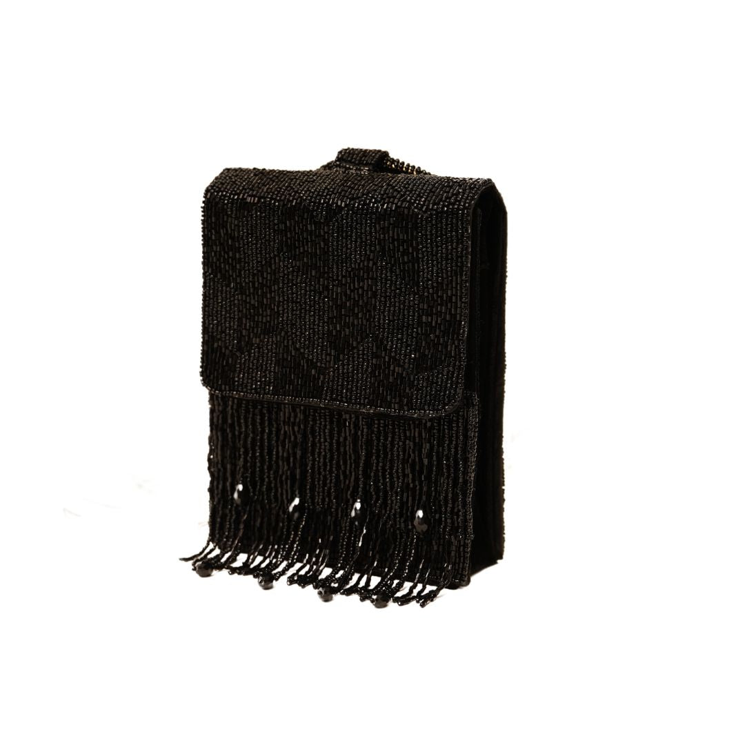 Black Vertical Embroidery Flap HandBag with Ring Handle