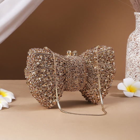 Golden Bow Crystal Rhinestone Party Clutch Bag