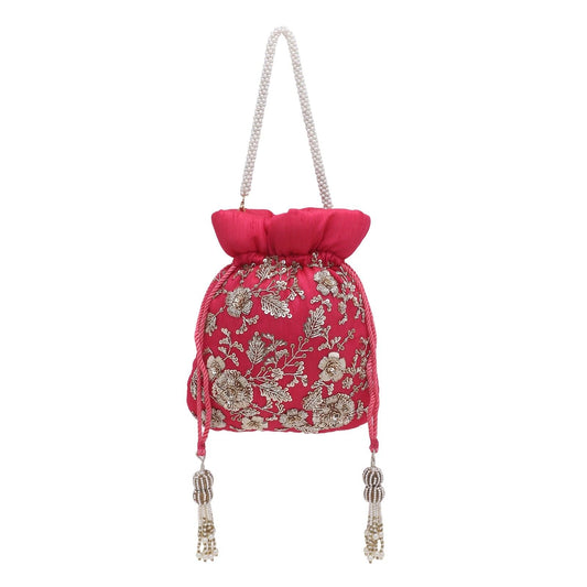 Bridal Designer Pink Silk Zardozi Embroidery Wedding Potli Bag