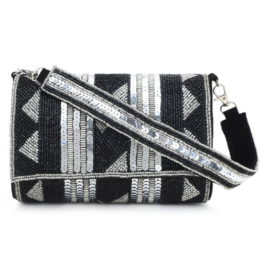Hand-Embellished Black Sequin & Beaded Clutch | Geometric Design Handbag