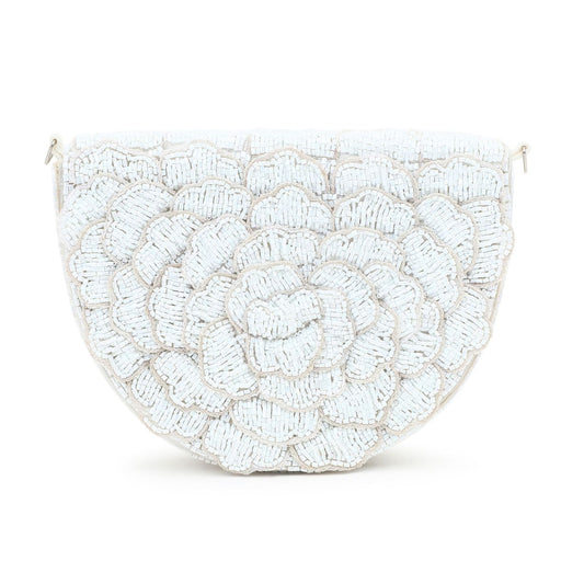 White Hand-Beaded Evening Clutch - Floral Party Purse Handbag