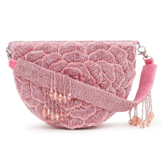 Pink Rose Flap Party Handbag I Half-Moon Clutch Purse