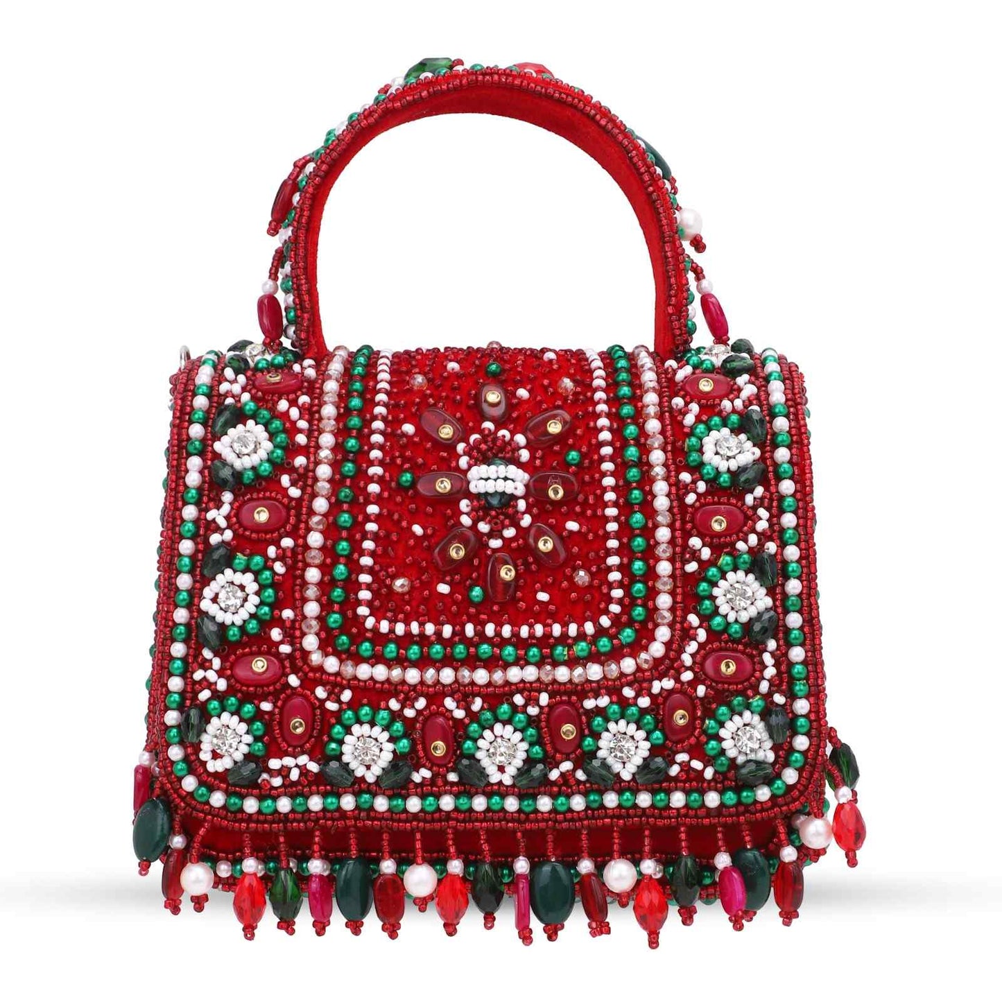 Hand-Embroidered Mini Bridal Wedding Bag - Red Beaded Designer Purse for Brides
