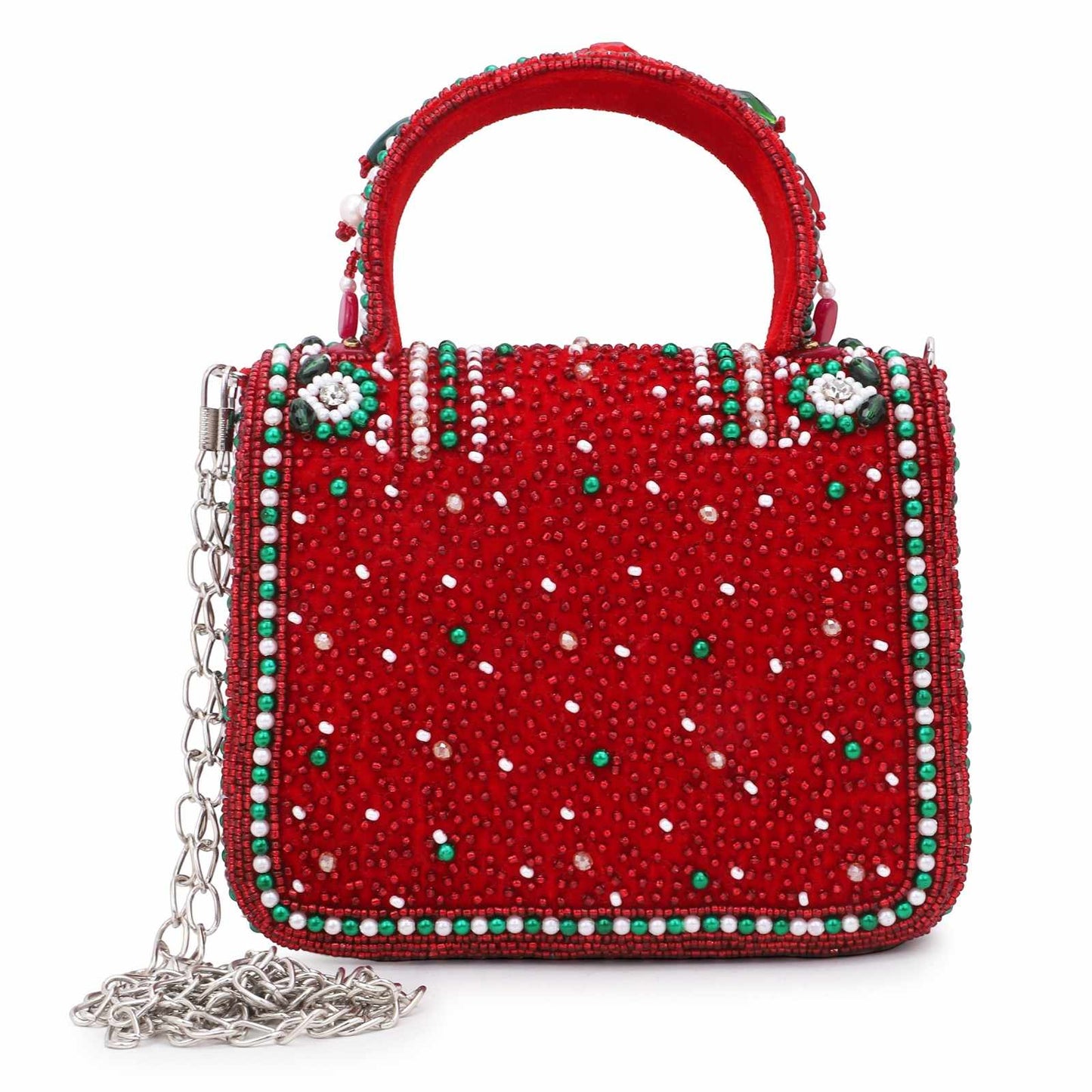 Hand-Embroidered Mini Bridal Wedding Bag - Red Beaded Designer Purse for Brides