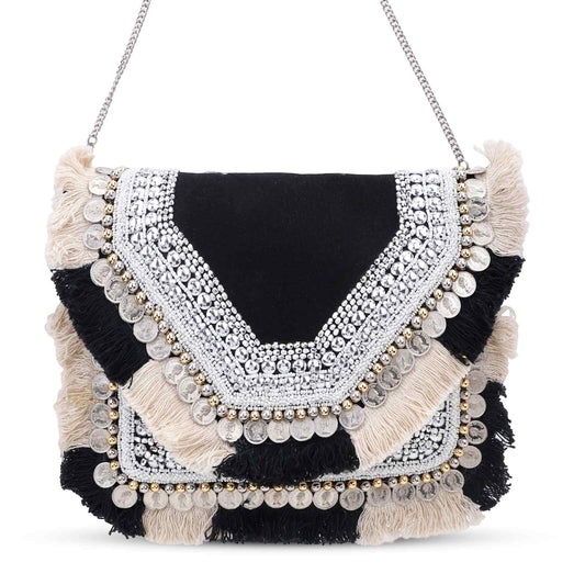 Boho Banjara Embellished Crossbody Black Bag – Handmade Bohemian Festival Purse
