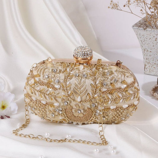 Golden Designer Embroidery Bridal Clutch Bag