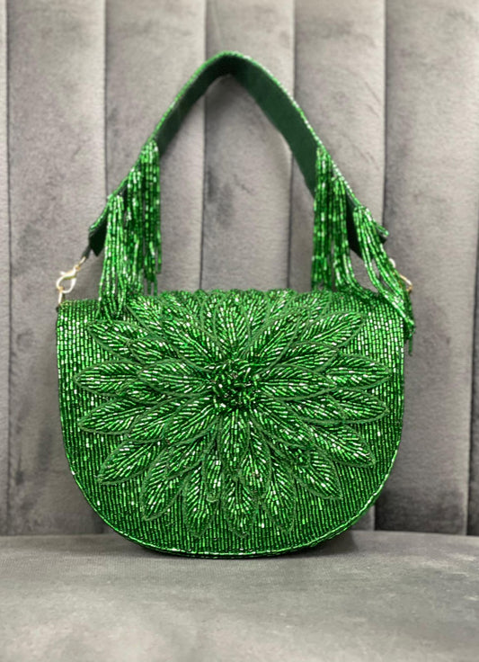 Flora Green Bead Embroidered Party Handbag